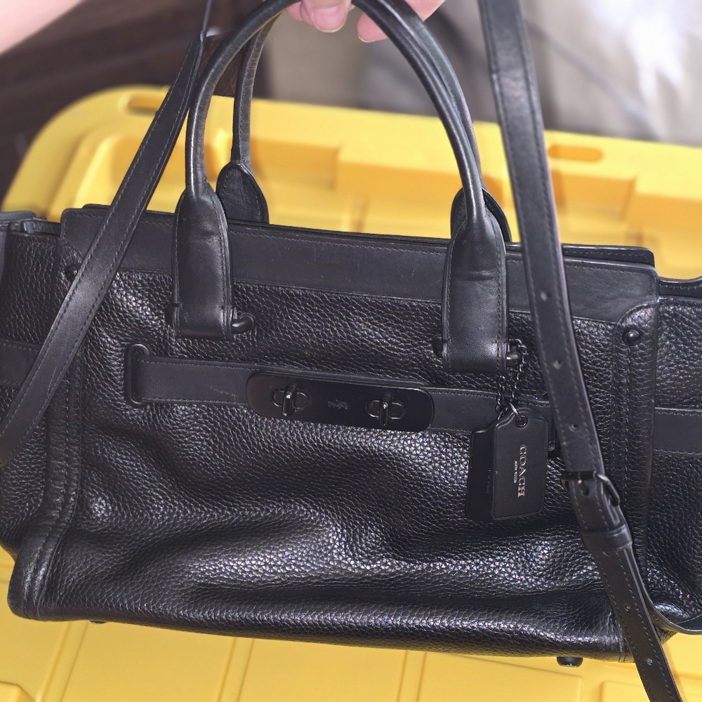COACH 34408 Swagger Black Pebble Leather Satchel Black Matte Hardware